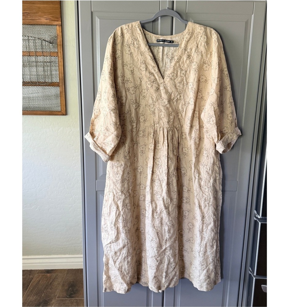 Gudrun Sjoden Womens Bodil Floral V-Neck Linen Lagenlook Midi Dress, Cream, XL